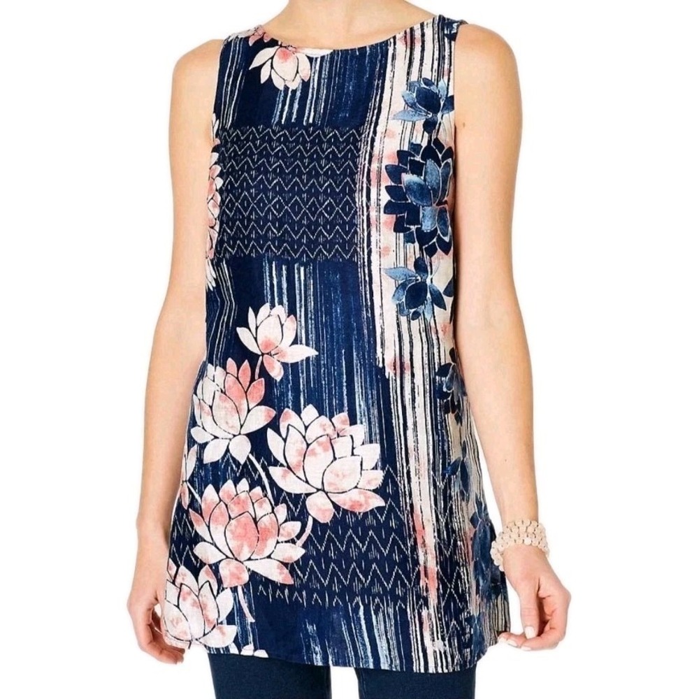 J.Jill Pure Jill Linen Sleeveless Tunic Tank Everyday Blue‎ Lotus Size S Blue
